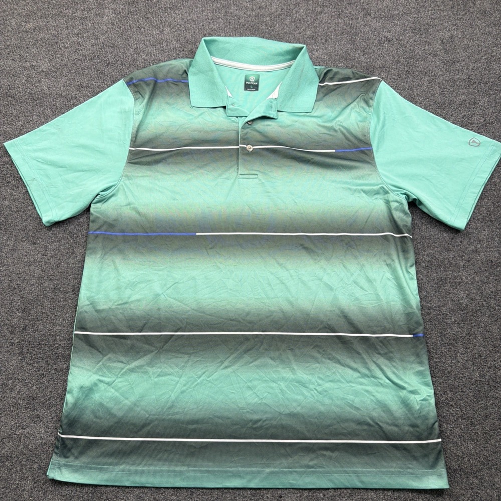 Pro Tour Teal Mens Large Performance Polo Shirt Striped Short Sleeve Collared